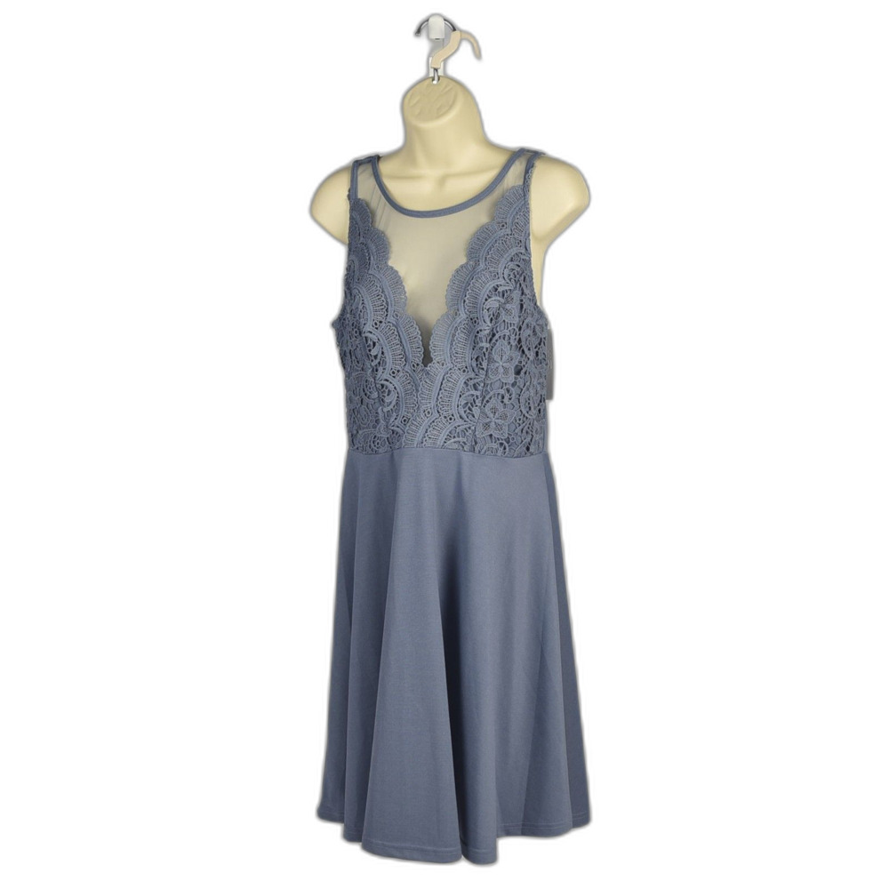 Grace Karin Deep V-Neck Illusion Neckline Blue Fit Flare Dress Size L {NWT}